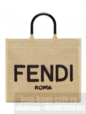 Fendi Medium Embroidered Straw Tote Bag Apricot