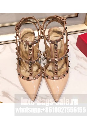 Valentino Heel 9.5cm Rockstud Caged Pumps in Patent Leather Beige
