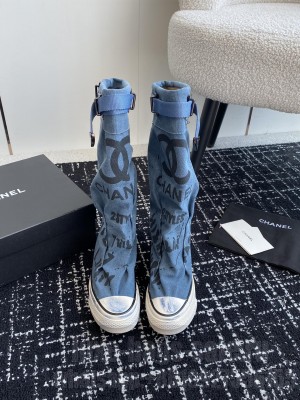 Chanel Graffiti Canvas High Boots Blue 02