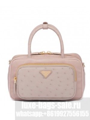 Prada Re-Nylon And Ostrich Leather Two-Handle Bag Apricot