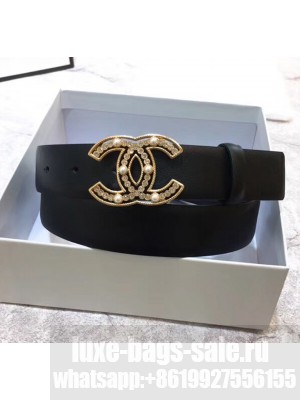 Chanel Width 3cm Calfskin Belt With Crystal Pearl CC Buckle Black 2020 Collection