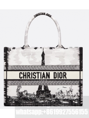Medium Dior Book Tote White and Black Paris Embroidery M1296ZEG