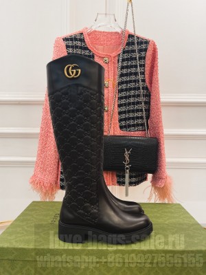 Gucci 4cm Embossed Leather High Boots Black