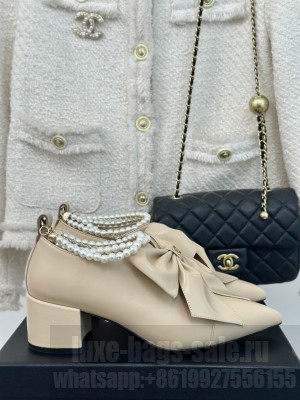 Chanel Beige Calfskin 5.5cm with Maxi Bow and Pearls Ankle Boots