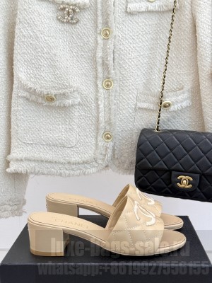 Chanel Quilted Lambskin CC Logo 6cm Slide Mule Beige 2025