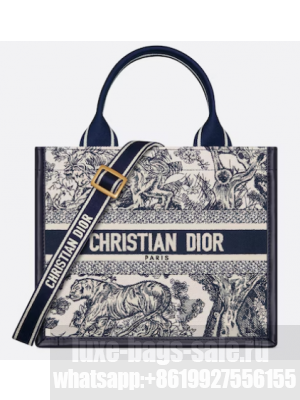 Small Dior Book Tote White and Navy Blue Toile de Jouy Sauvage Embroidery with Navy Blue Calfskin M1325CET