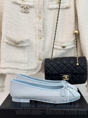 Chanel Striped Fabric Ballet Flat with Bow G45512 Light Blue 2024
