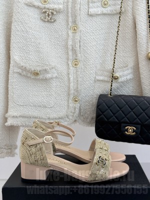 Chanel Leather & metal Chain CC Logo 4cm Sandals Beige 