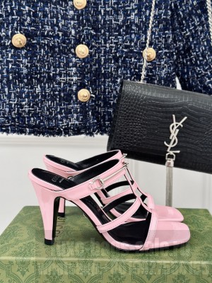 Gucci Slim Horsebit Leather Heel Slide Sandals Pink