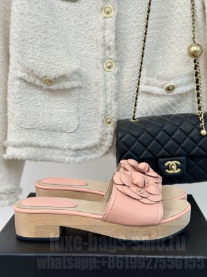 Chanel Calfskin Heel Slides Sandal 4cm with Camellia Bloom 07
