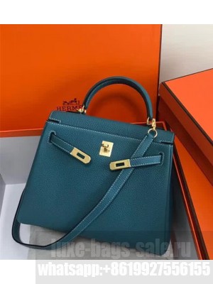Hermes Kelly 25 Bag in Calf Leather with Gold Hardware Blue Jean
