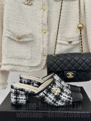 Chanel Tweed & Calfskin Heel Slide Mule White/Black 2024