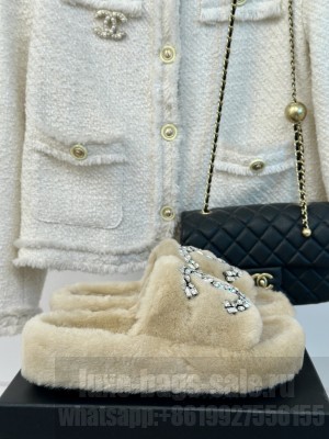 Chanel Wool Platform Rhinestone CC Logo Slide Mules 2024 Beige