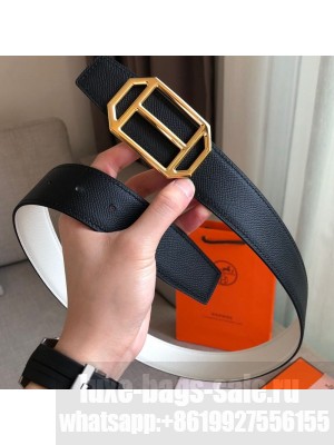 Hermes Pad Reversible Leather Buckle Belt 38mm Black/White 2019 Collection