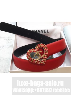 Chanel Width 3cm Chain Heart CC Logo Buckle Leather Belt Red