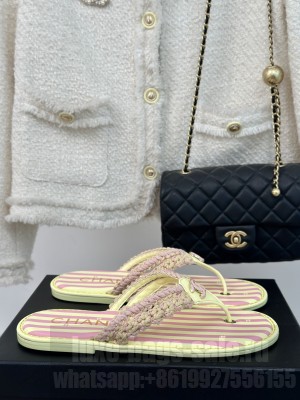 Chanel Striped Flat Thong Slides Sandal Yellow/Pink 2024