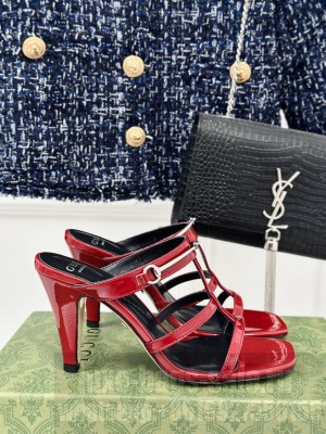 Gucci Slim Horsebit Leather Heel Slide Sandals Red