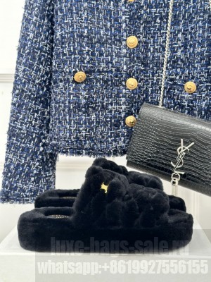 CELINE FUR SLIDES TRIOMPHE IN SHEARLING BLACK