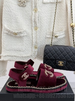 Chanel flat double C with chain sandals burgundy velvet 2025