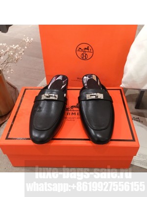 Hermes Classic Kelly Calfskin Flat Mules Black 2020 Collection