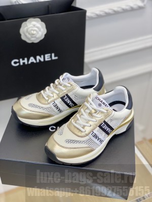 Chanel Calfskin and Mesh Sneakers with CHANEL Band Gold/White 2023