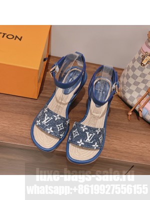 Louis Vuitton Wedge Monogram Open Toe Casual Style Blended Fabrics Street Style blue