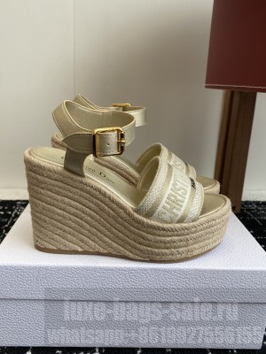 Dior Dway Wedge Sandal Gold Calfskin and Embroidered Cotton