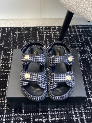 Chanel Houndstooth Velcro Dad Sandals Denim Black 2025