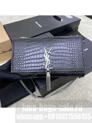 YSL KATE MEDIUM WITH TASSEL IN CROCODILE-EMBOSSED SHINY LEATHER B377829 black