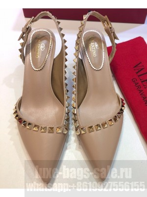 Valentino Heel 6.5cm Rockstud Slingback Pumps Sandals Nude