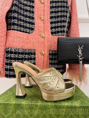 Gucci Leather Platform Slide Sandal 11cm with GG and Studs 2023 Gold