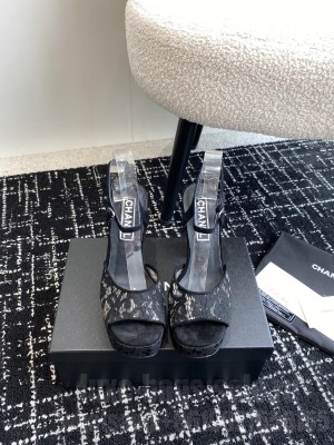 Chanel Platform 4cm Heel 12cm Lace Sandals White