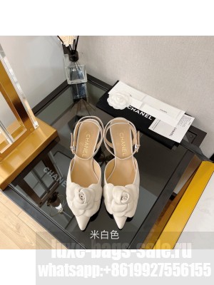 Chanel Camellia Lambskin Mid-Heel 5cm Slingback Pumps 2022 Collection,Cream