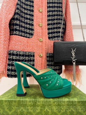 Gucci Leather Platform Slide Sandal 11cm with GG and Studs 2023 Green
