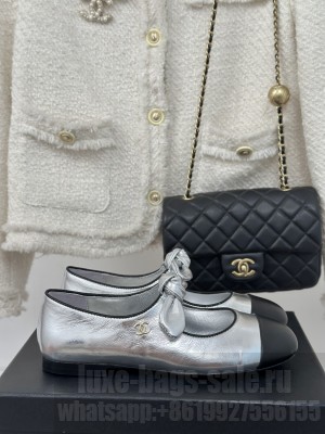 Chanel Lambskin & Patent Leather Mary Janes Ballet Flats with Knot Bow sliver 2025 G46149