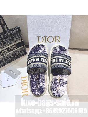 Dior Dway Slide Sandals in Blue Toile de Jouy Reverse Embroidered Cotton 2021 Collection 