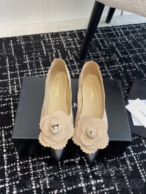 Chanel Camellia Suede & Leather Pointed Flat Beige 2024