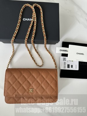 Chanel Caviar Leather & Gold-Tone Metal Wallet On Chain WOC Bag A33814 Brown
