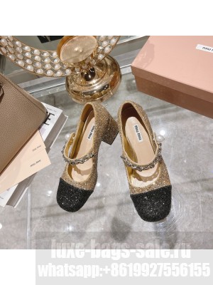 Miu Miu Glitter 7cm Pumps with metal chain and artificial pearl embellishment Black/Gold