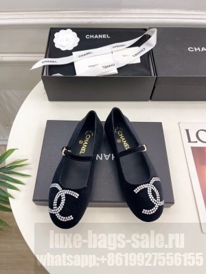 Chanel mary janes velvet CC crystal logo black 2025