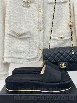 Chanel CC Denim Platform Slides Sandal 4cm Black 2024