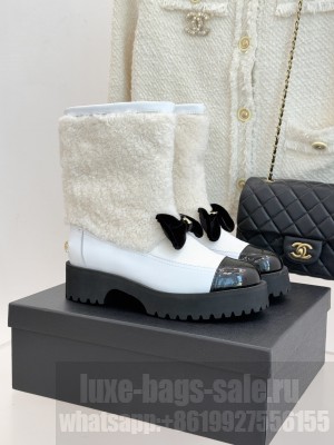 Chanel Shearling Lambskin & Patent Calfskin White Ankle Boot