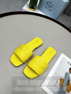 Prada Calfskin Leather Flat Slide Sandals 2022 Collection Yellow