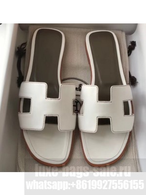 Hermes Oran Flat Slipper Sandals in Swift Box Calfskin White 03