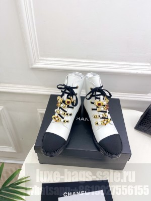 Chanel Calfskin, Grosgrain, Imitation Pearls, Strass & Metal White G45856 Combat Boots 