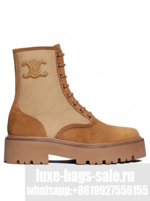 Celine Women's Bulky Lace-Up Boot With Triomphe In Nylon & Suede Calfskin Coffee