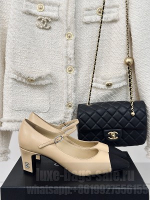 Chanel Lambskin & Grosgrain Mary Jane Pumps Beige