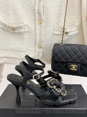 Chanel Lambskin With Camellia Chain 7.5cm Sandals Black 2025