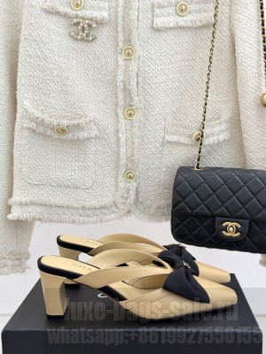 Chanel Lambskin Heel Mules with Bow Beige 2025