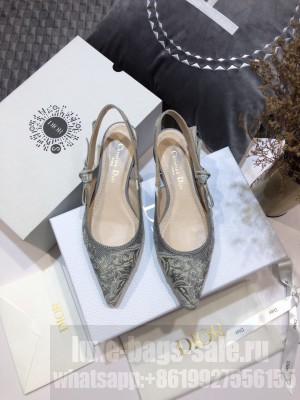 Dior J'Adior Slingback Ballerina Flat in Grey Toile de Jouy Reverse Embroidered Cotton 2021 Collection 